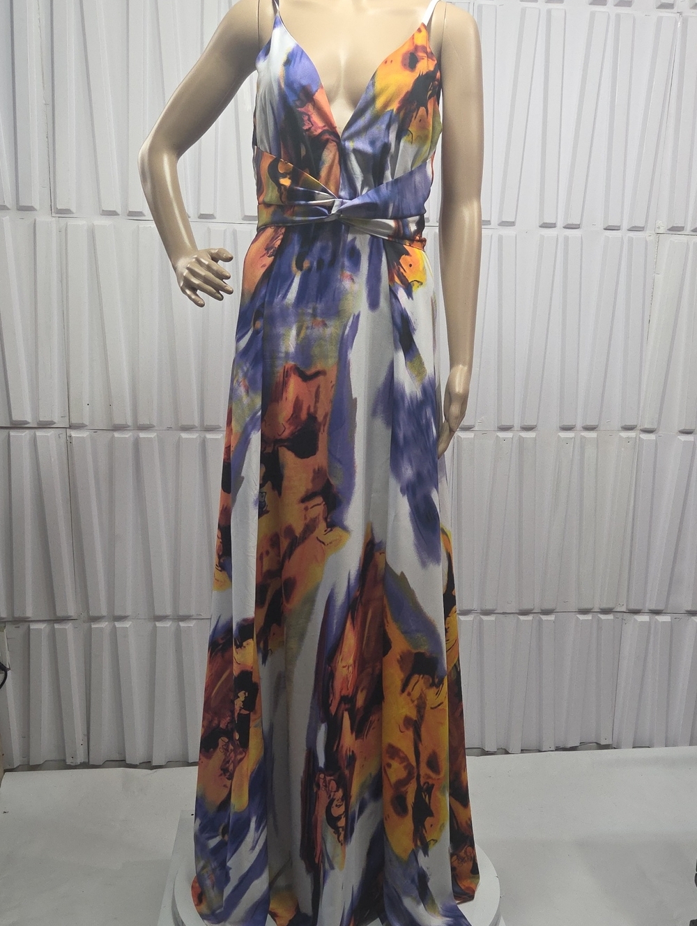 Luxxel Abstract Watercolor Plunging High-Slit Maxi Dress Multicolor Small
